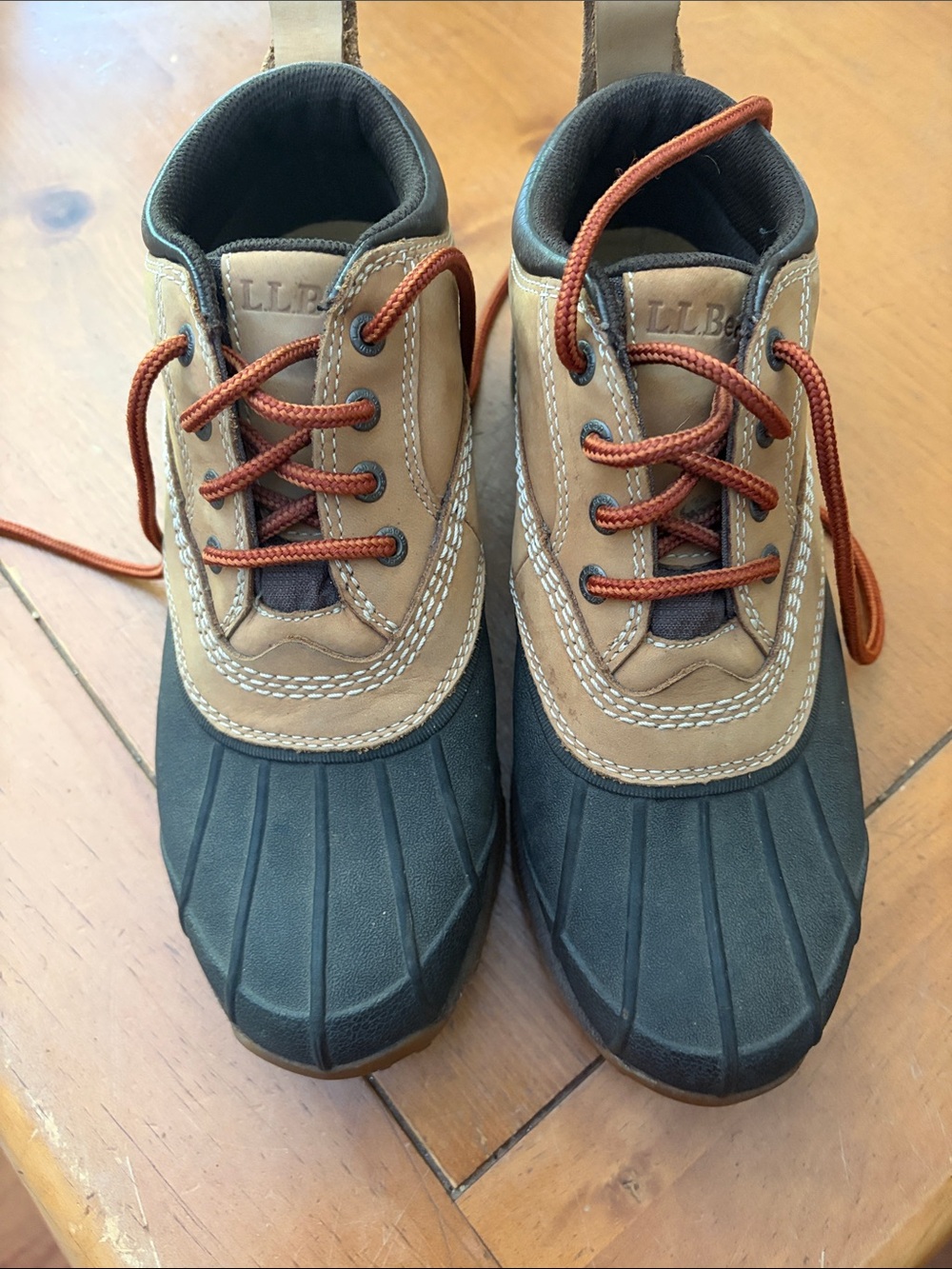 L.L. Bean Tan and Black Waterproof Duck Boots with Rust Laces